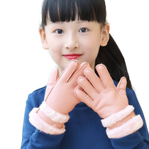 Childrens winter warm velvet five-finger thickened autumn and winter gloves for boys and girls elementary school students cute sheepskin skiing