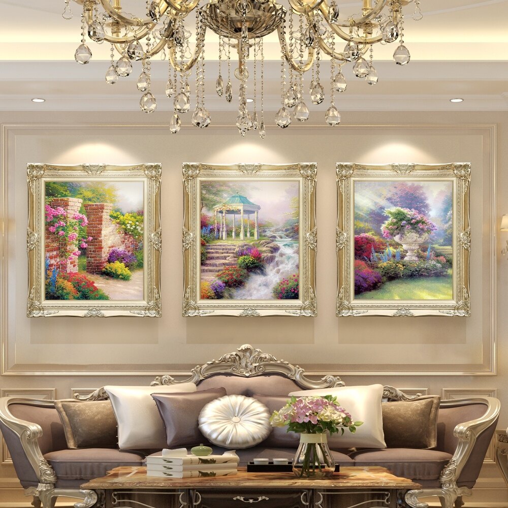 European decorative drawing room Background wall painting atmospheric high-end triple frame combination of peak Thomas landscape painting