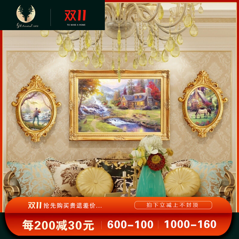 European-style living room decoration painting sofa background wall painting study room painting Thomas landscape triptych oil painting atmosphere