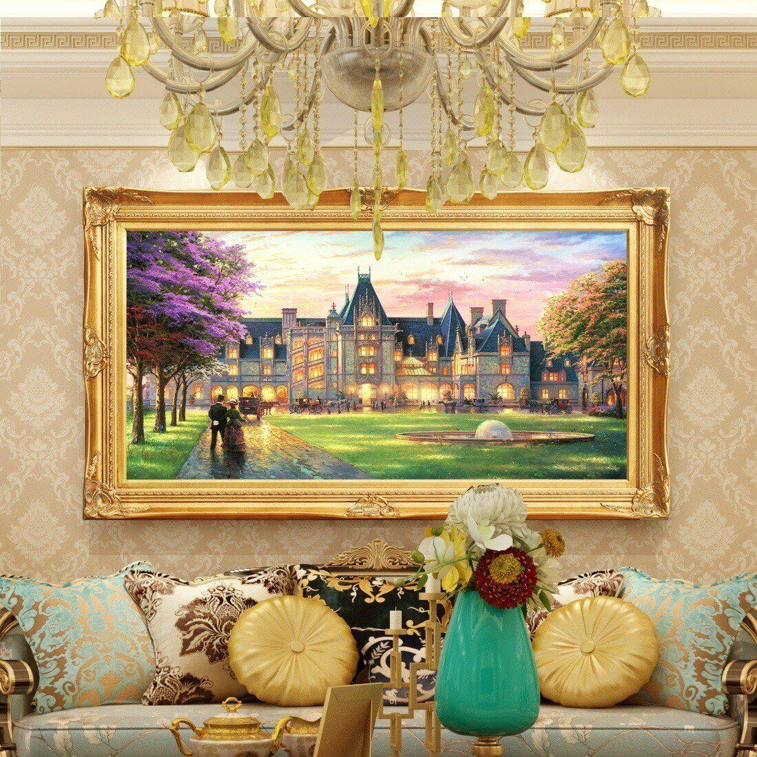 Living room decoration painting European-style sofa background wall hanging painting scenery castle oil painting atmosphere upscale frescoes single web