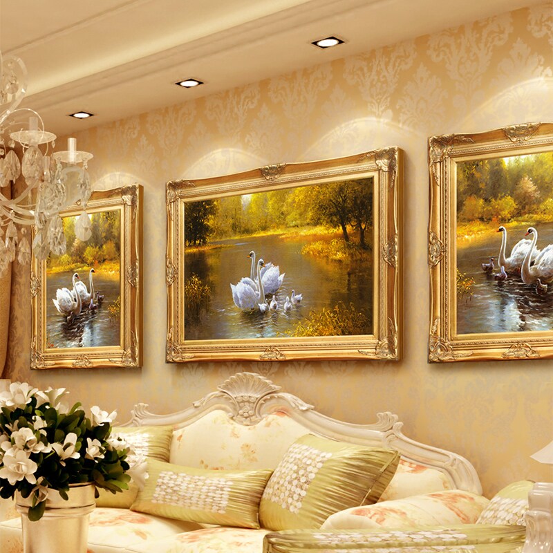 European-style living room decoration painting sofa background wall painting scenery Swan Lake oil painting atmospheric triptych combination painting