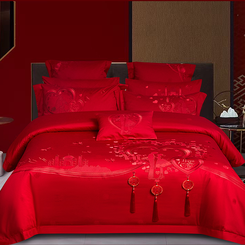 Wedding 10-piece set 100-count cotton satin jacquard big red dragon and phoenix hundred embroidered happy quilt forty or sixty-piece set