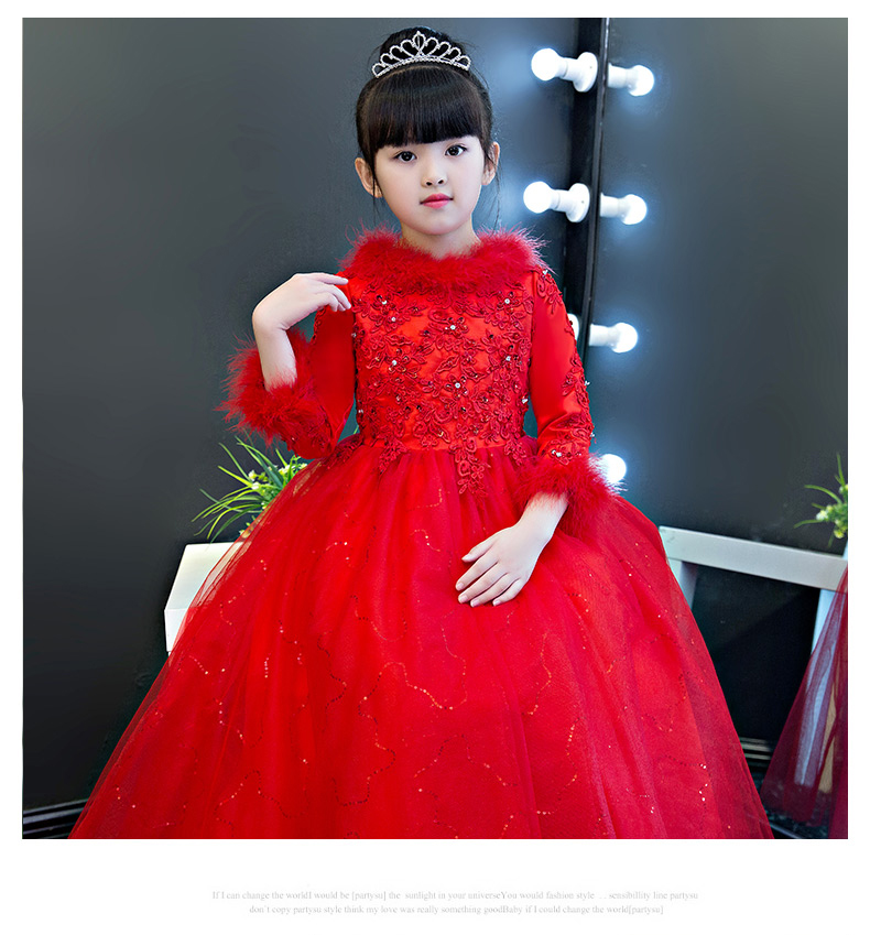 Trẻ em váy công chúa dày cô gái đám cưới màu đỏ trang phục piano chủ hoa cô gái pettiskirt mùa đông váy xinh cho bé