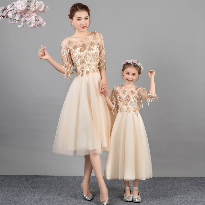 Parent-Child Matching Dresses, High-End Little Dresses for Autumn, Stylish Birthday Dresses for Girls, Children's Performance Outfits, Parent-Child Performance Costumes