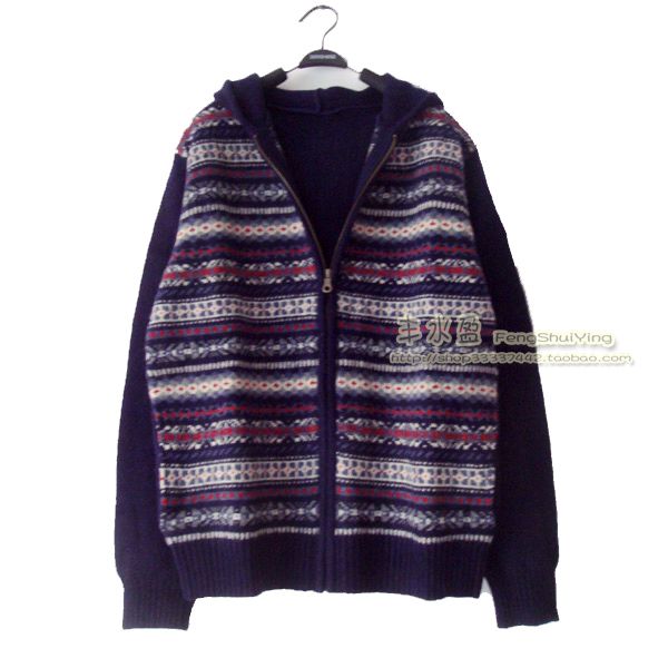 Japanese single winter new export thick men's jacquard zipper hooded oblique sweater pure wool sweater jacket 188 yuan