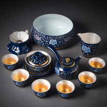 High-grade blue and white porcelain tea making kung fu tea set home living room enamel silver ceramic cup cover bowl set