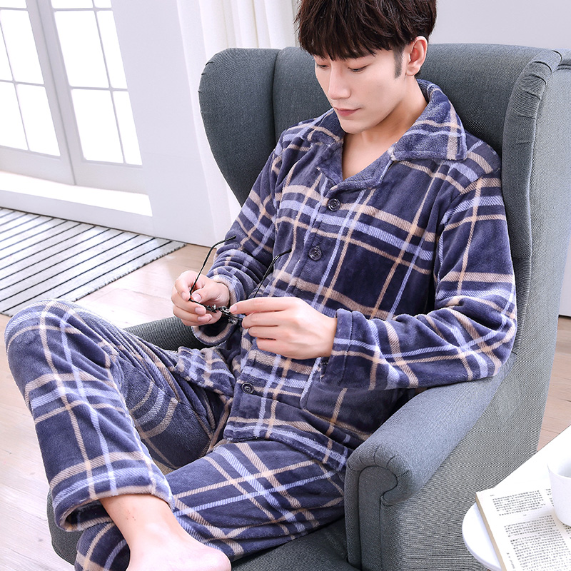 Mùa thu / mùa đông mới dầy san hô nhung pajamamen cardigan dài tay áo danumberd giữa năm flannel nhà phù hợp.