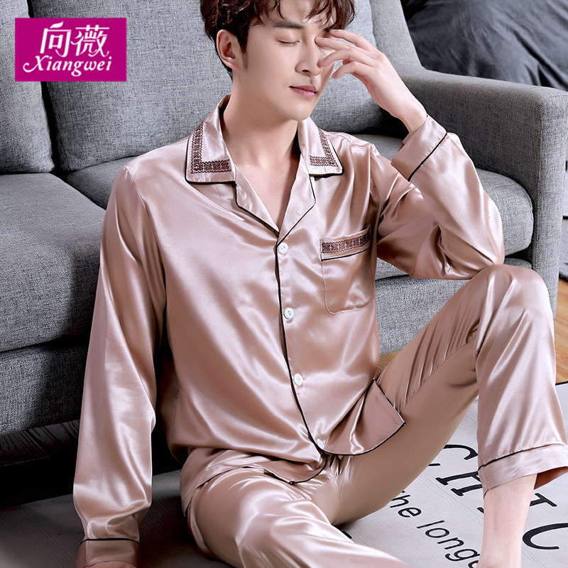 Bộ đồ ngủ Mens Summer Long Sleeve Ice Silk Home Mang mùa xuân và mùa thu mỏng tơ lụa thêu Loose kích thước lớn hai mảnh Set.