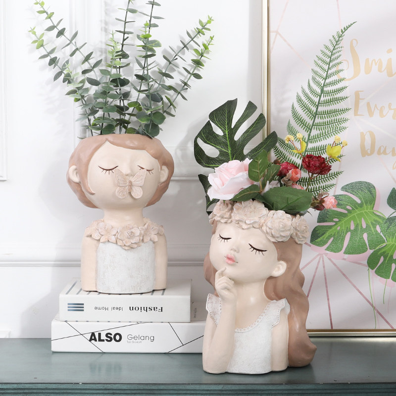 Creative Nordic Wind Large Caliber Multimeat Cartoon Girl Flower Pot Personality Cute Living Room Tabletop Dry Flower Decoration Pendulum