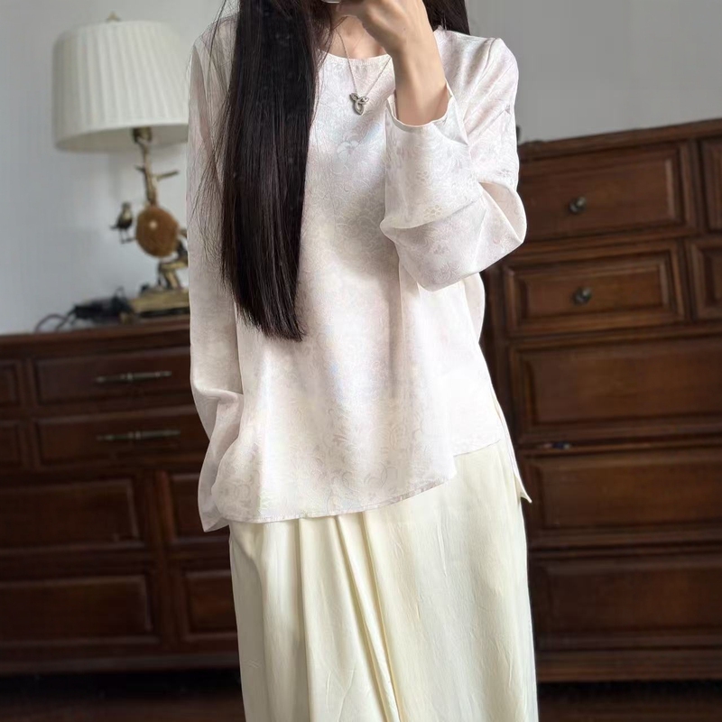 Silk Brocade Jacquard New Chinese Style Women's Long-Sleeve Round-Neck Slim-Fit Elegant Workwear Shirt Silk Brocade Jacquard New Chinese Style Women's Long-Sleeve Round-Neck Slim-Fit Elegant Workwear Shirt