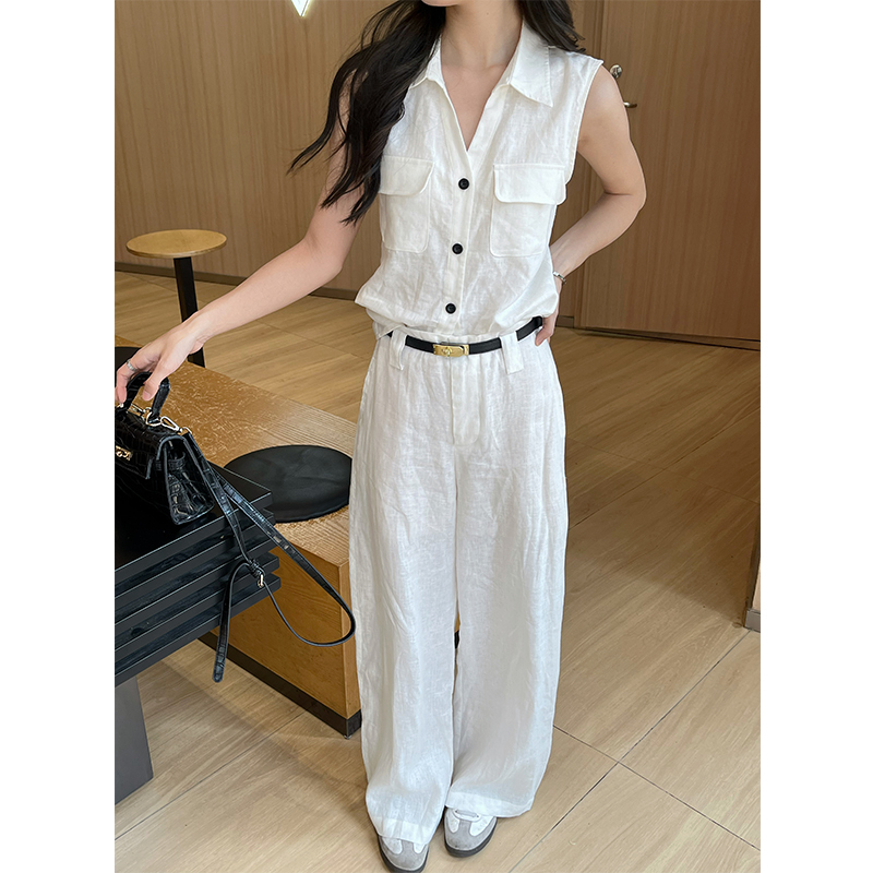 5Werk Old Money Vibe 1Oo Linen Sleeveless Short V-Neck Slightly Sheer Linen Shirt Women's Loose Vest Top