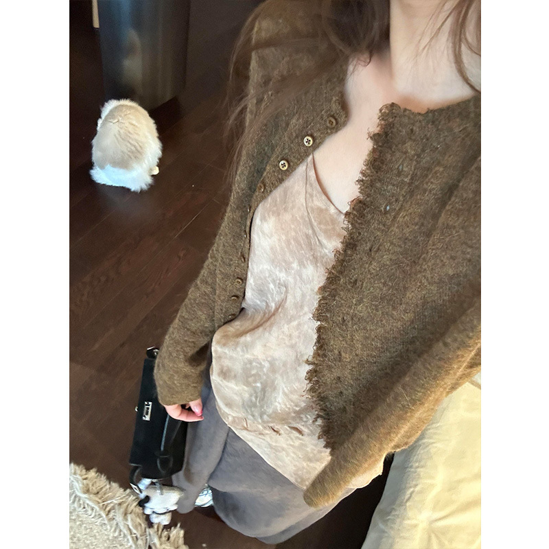 Herbalife Yarn 62.8 Wool Mixed Floral Distressed Knit Cardigan for Women 2026 Autumn Lazy Style Loose Sweater