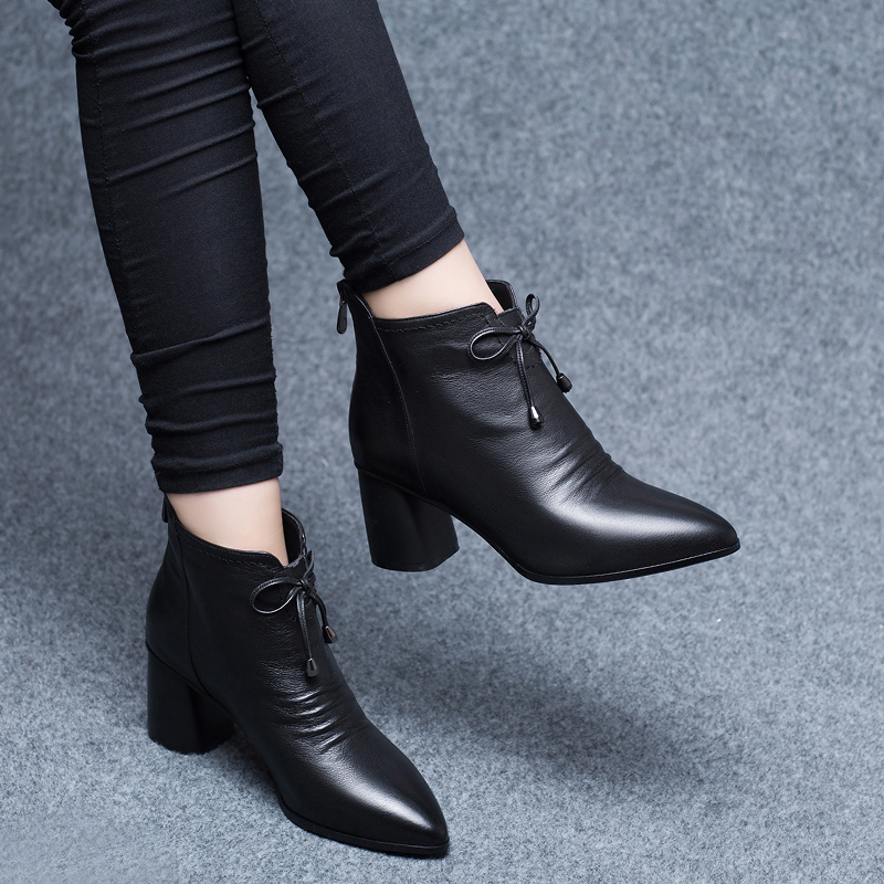 Blasting Short Boots Woman Spring Autumn Single Boots Genuine Leather Shoes Rough Heel 2021 Autumn Winter New Pointed High Heel Leather Boots Martin boots