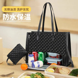 热卖午餐包上班便当包包黑色菱格手提单肩斜挎包通勤托特包女