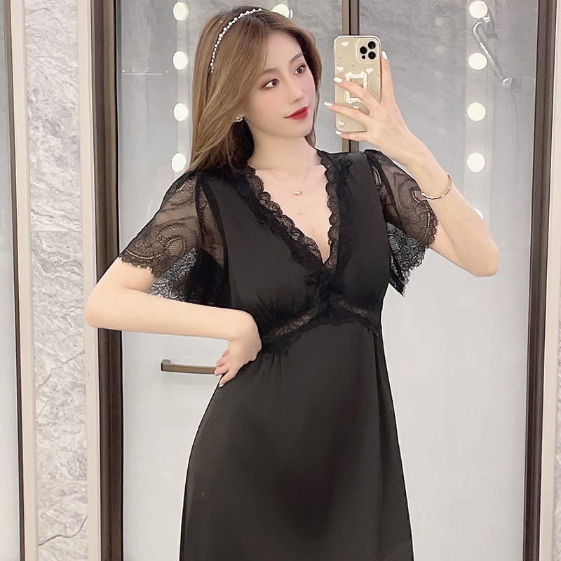 French sexy lace sleeping dress summer ice wire short sleeve sleeve sleeve sleeve red black luxury court silk home suit