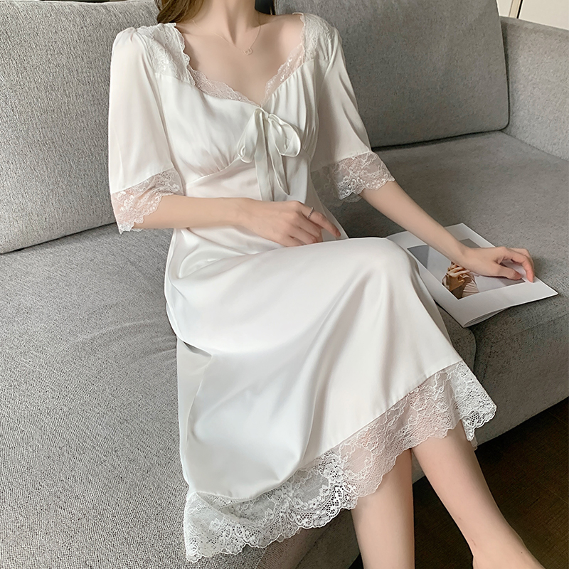 Sexy Genuine Silk Pyjamas Women Summer Ice Silk Short Sleeve Sleeping Dresses Silk Screen Red Noble Lavish Palace Tinder-Taobao