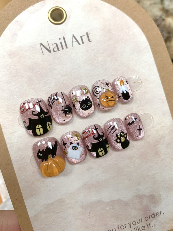 Original Handmade Halloween Short Nail Art, Cute Hand-Painted Nail Art with Spider and Pumpkin Relief