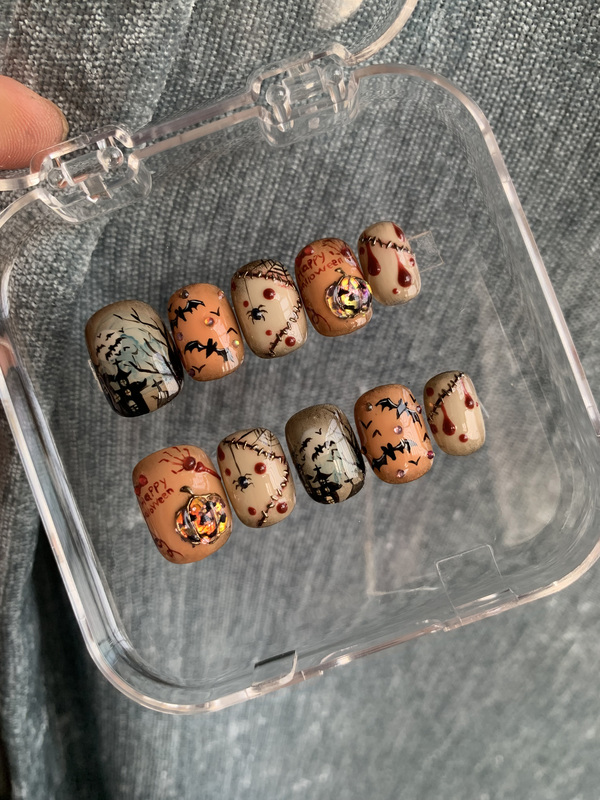 {Original} New Handmade Wearable Nails Halloween Short Style Cute Sweet Cool Nail Art Embossed Three-Dimensional