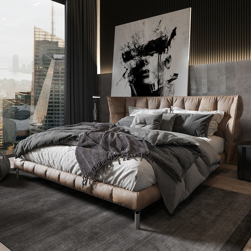 HUSK Bed Genuine Leather Bed Luxurious Imported Headlining Cow Leather Italy Design Willful Light Lavish Leather Bed Master Bedroom