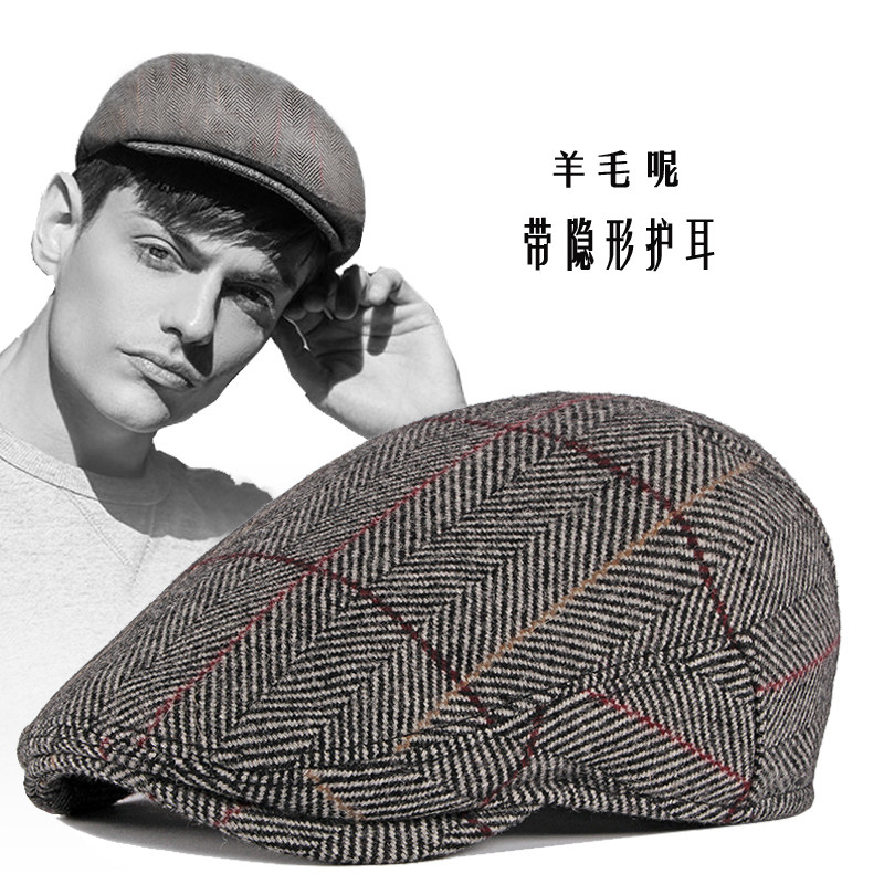 Hat men's winter British retro wool forward cap ear protection woolen beret big head peaked cap painter women's hat