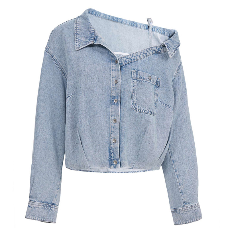 The Same Style as in the Mall, Spring Season Simple Asymmetrical Off-Shoulder Relaxed Tencel Flower Bud Style Long-Sleeve Denim Shirt for Women