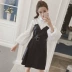 Váy nữ mùa thu 2018 Hàn Quốc tính khí thời trang ve áo đèn lồng tay áo khâu khâu hai mảnh PU leather dress