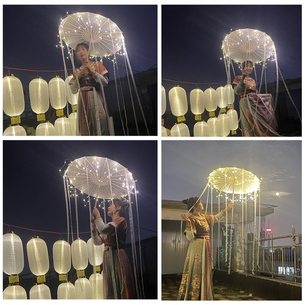 Antique creative shooting supplies night light umbrella Hanfu location shooting live props white ribbon umbrella performance umbrella