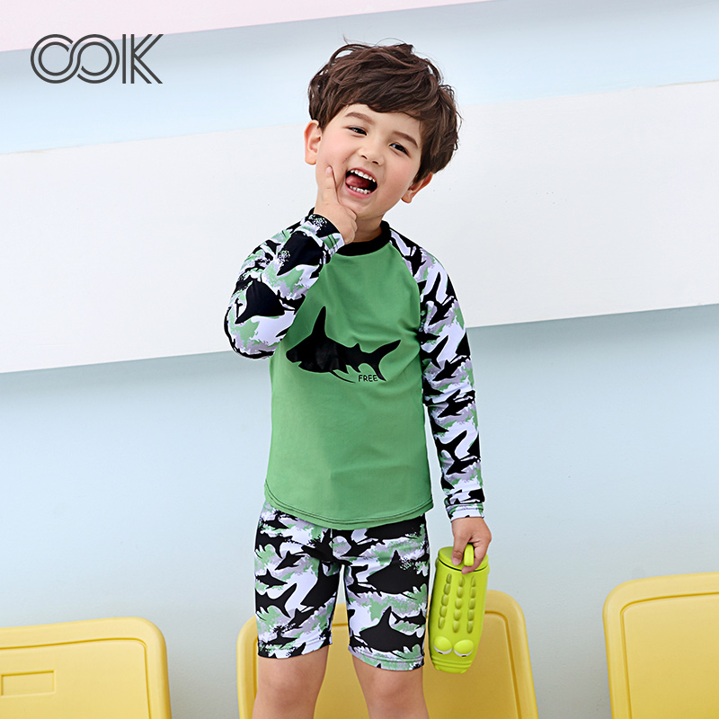 OOK Boy Split Two Pieces Swimsuit Costume Long Sleeved Shark Printing Small Child Baby Spa Swimsuit