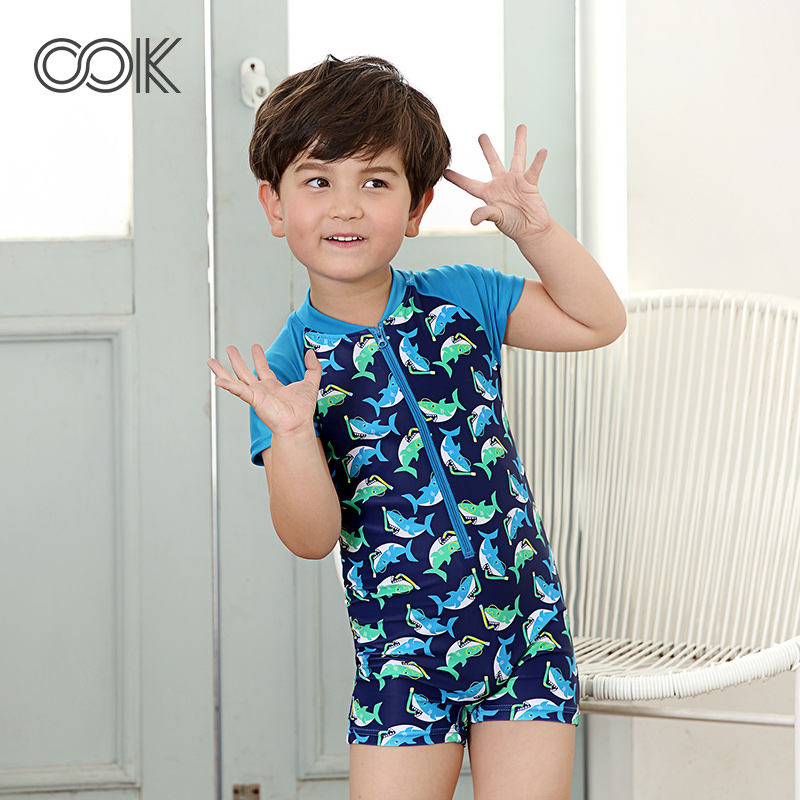 OOK boy even body-style swimsuit cute cartoon printed front chest laces easy to wear off spa swimsuit swimsuit