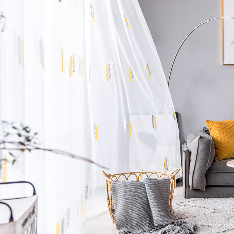 Nordic minimalist curtain gauze white sand living room bedroom modern white embroidery gauze balcony gauze bay window partition gauze