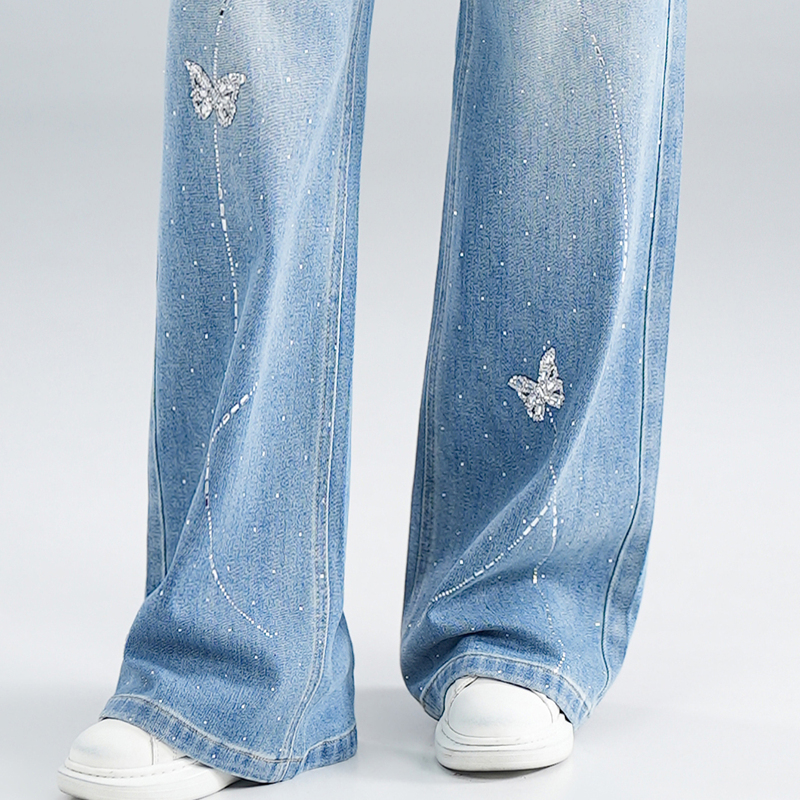 Light Blue Butterfly Rhinestone Wide-Leg Jeans for Women 2026 New Spring and Summer Thin High-Waisted Loose Straight Pants