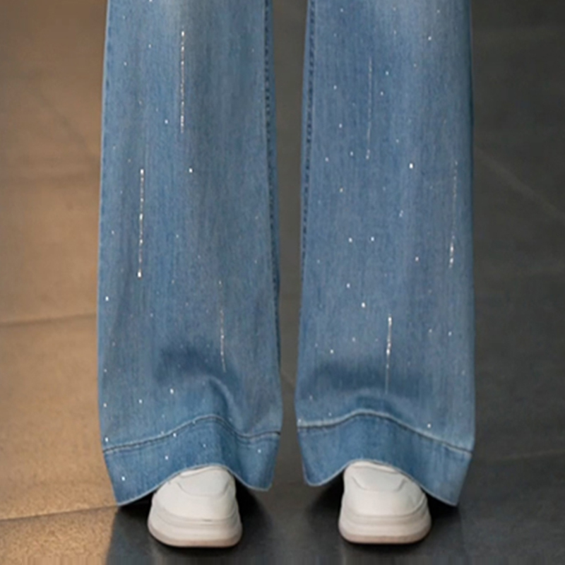 Light Blue Rhinestone Embellished 2026 Summer Thin New Style Flared Jeans for Women, High-Waisted, Slimming, Drapey Straight-Leg Wide-Leg Pants