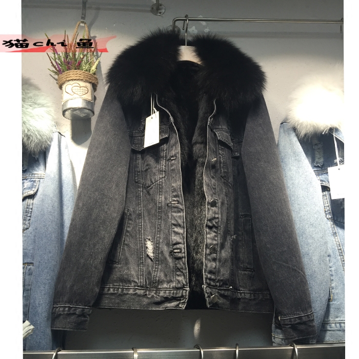 Mùa đông phiên bản Hàn Quốc của quần short denim dày ngắn quần áo lông thú thật lông thỏ lông lót denim áo khoác nữ lông có thể tháo rời áo lông dáng dài