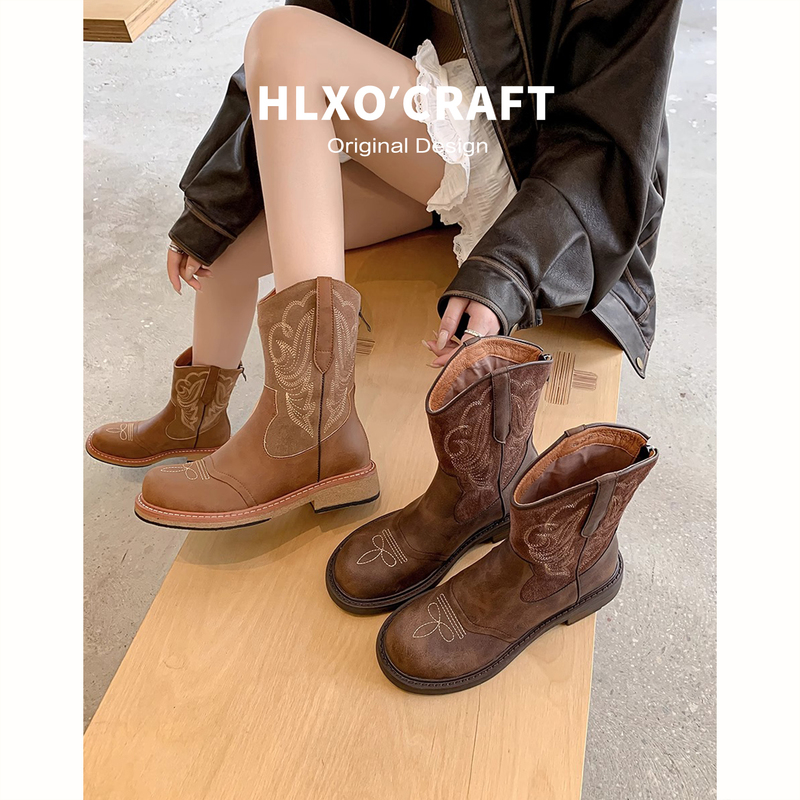 Genuine Leather Inner Height-Increasing Western Cowboy Boots for Women, New Versatile British Style Martin Boots, Riding Boots, Xinjiang Travel Boots