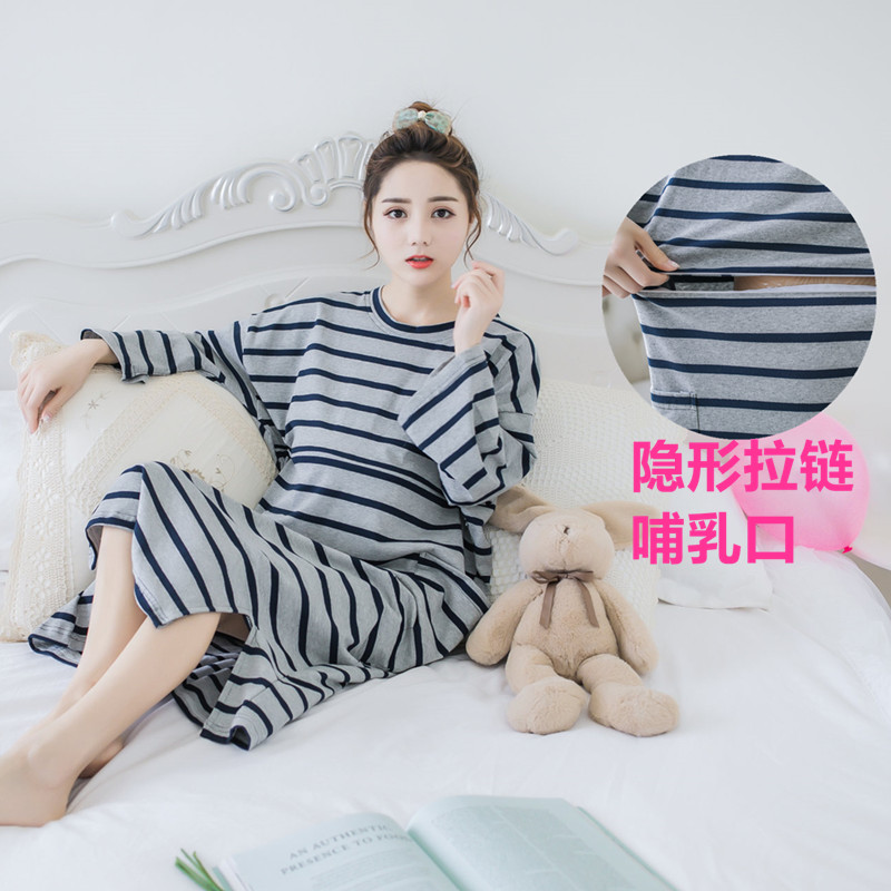 Cho con bú nightdress dài- tay bông sau sinh ăn mang thai giam dây kéo tăng phân bón 200 kg lỏng sọc