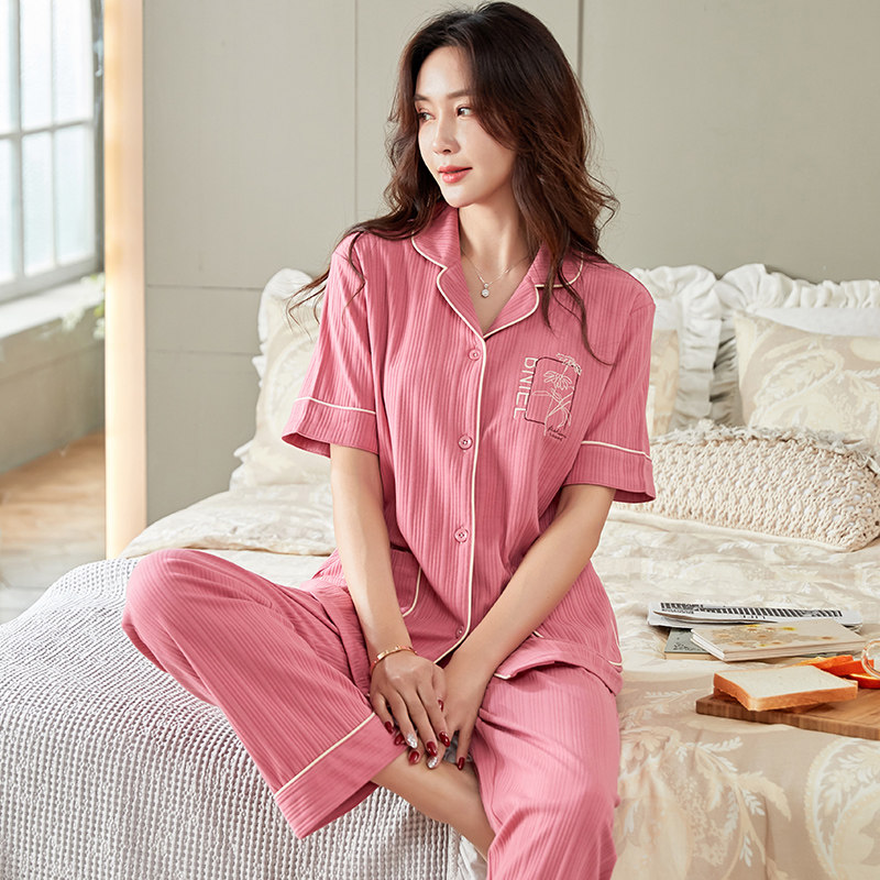 Pure Cotton Pyjamas Woman Summer Short Sleeve Long Pants Casual Home Wear Thin middle aged mother outwear the summer all-cotton set