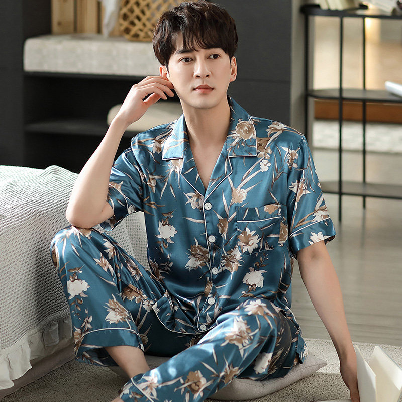 Summer plus size ice silk pajamas men's summer thin short-sleeved trousers cardigan loose simulation silk home service