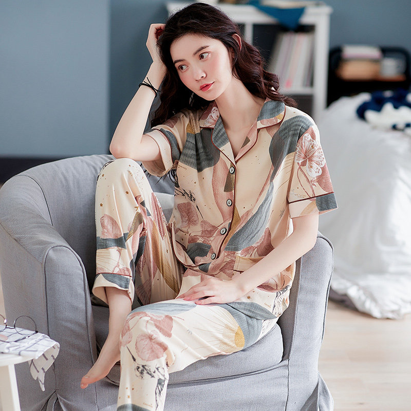 Middle Aged Pyjamas Woman Summer Short Sleeve Long Pants Pure Cotton Mom Summer Lady Full Cotton Extractable Suit Suit Thin