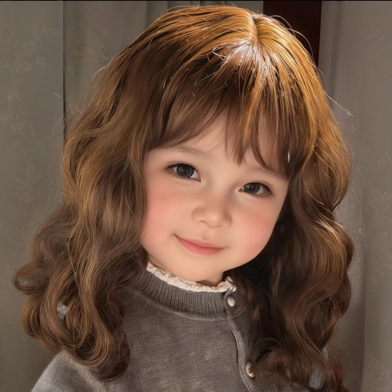 Children's Hermione Cosplay Wig for Girls, Light Brown, Medium-Length, Curly with Bangs, Harry Potter Photo Shoot Performance Full Wig