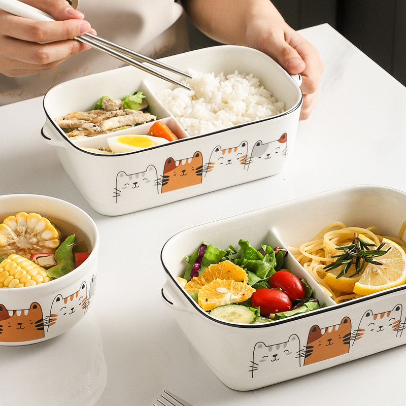 Ceramic compartment lunch box microwave oven heating office worker with lid cute cartoon student fresh-keeping bowl square lunch box