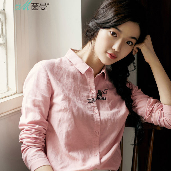 茵曼 亚麻棉 刺绣女式长袖衬衫 双重优惠折后￥97.6包邮 2色可选