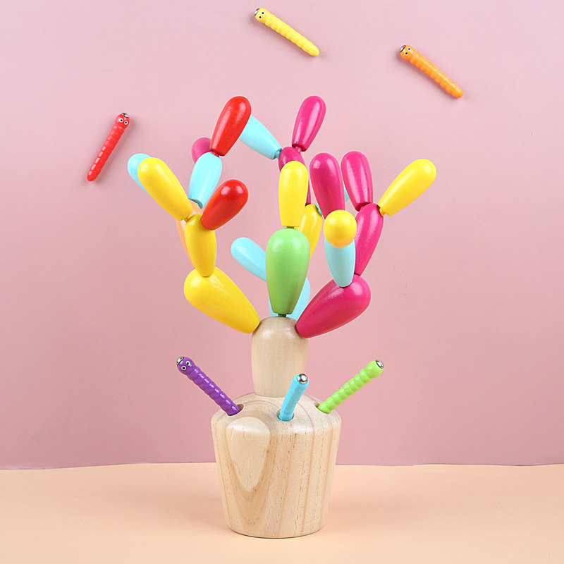 Young Child Early Education Puzzle Montessori Wood Spelled and removable Cactus Ball Building Blocks 1-2-3-4-year-old Toys