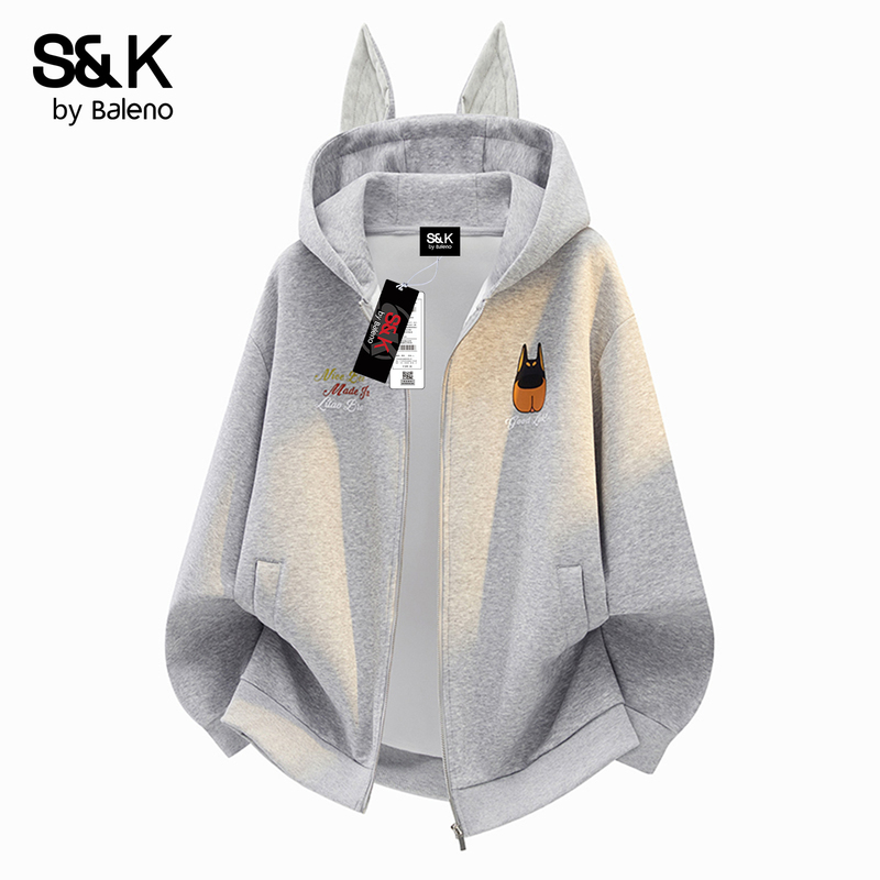 Baleno Men's Autumn Jacket Loose Fit Fun Puppy Embroidery with Ears Hooded Zip-Up Sweatshirt