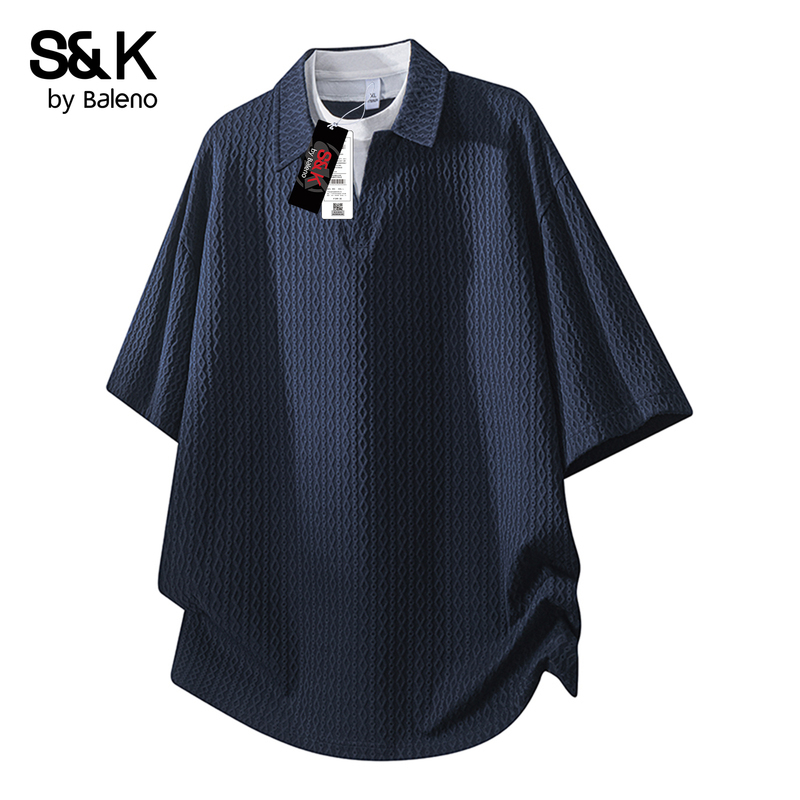 Baleno Navy Blue Summer Two-Piece Jacquard Casual Polo Shirt for Men, Loose and Versatile, Textured Short-Sleeve