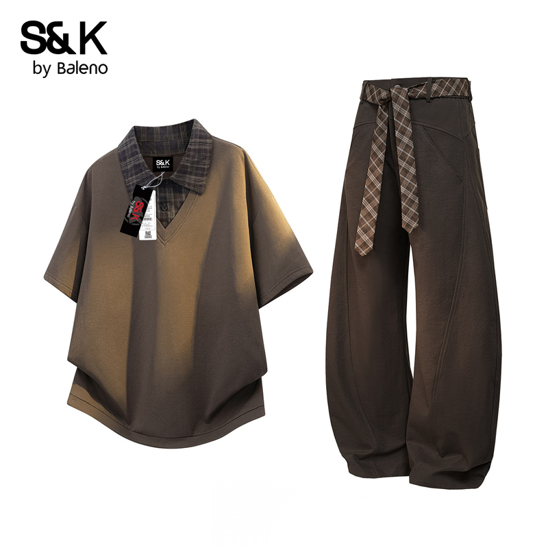Baleno Melard Brown Two-Piece Set Men's Summer New Versatile Casual Loose Belted Wide-Leg Pants