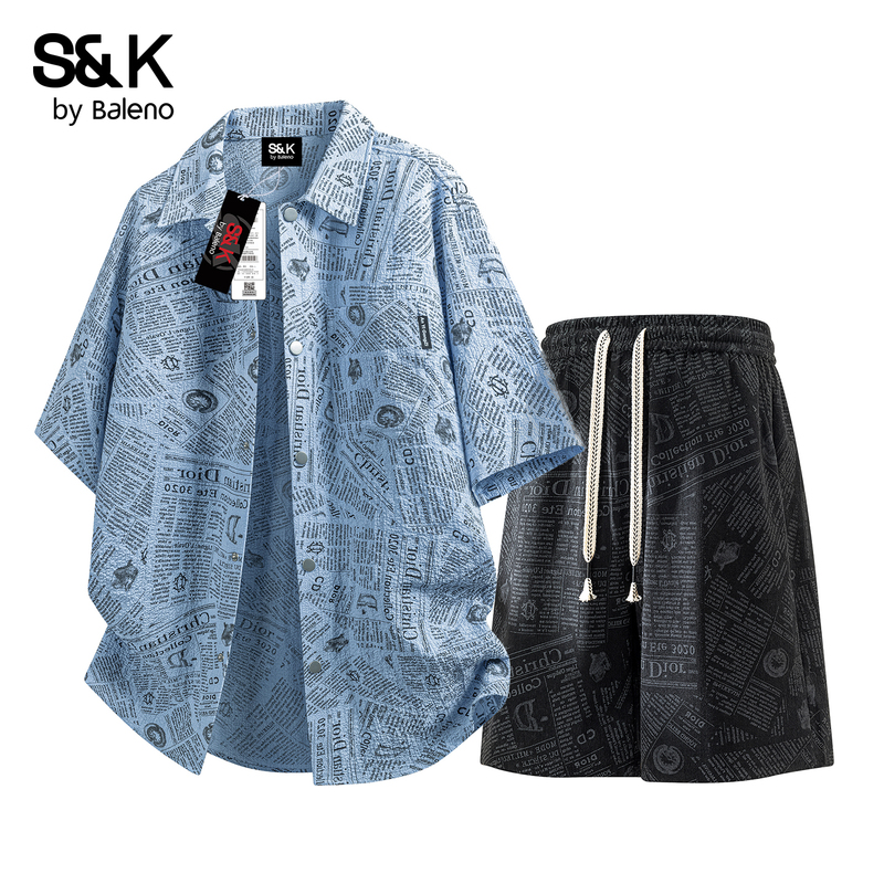 Baleno Men's Summer Newspaper Print Short-Sleeved Shirt Set, Handsome Casual Trendy Shorts Two-Piece Set