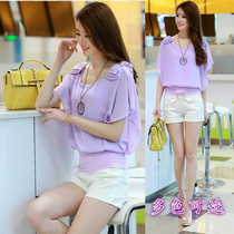  Chiffon shirt womens summer 2016 short-sleeved strapless bow top summer new womens large size loose top solid color