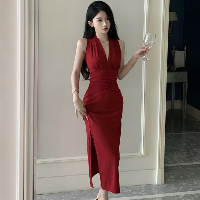 French-Style V-Neck Sleeveless Dress, Hepburn-Style High-End Dress, Waist-Cinching Slimming Long Dress for Women, New Summer Style