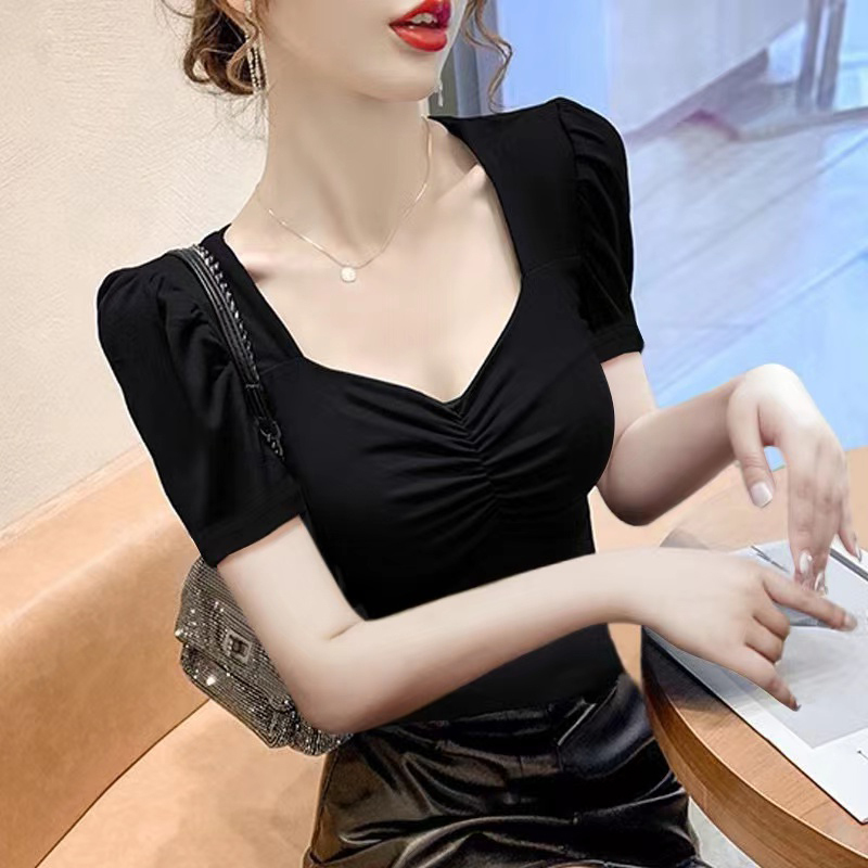 Square Neck Puff Sleeve Short Sleeve Sexy Top for Women, French Chic Hot Girl Short T-Shirt, Summer Black Low-Cut Base Shirt