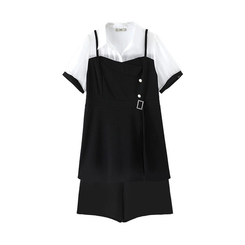 (Shangxiu large size women's clothing) 2022 summer fat mm fashion cover belly Western style hit color square buckle casual suit tide